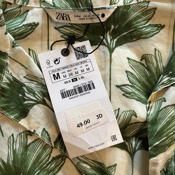 Zara NEW Tropical Cropped Shirt Womens Medium Green Cream Button Tie Waist Top - Picture 6 of 9
